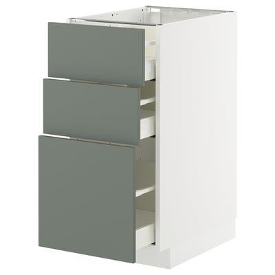 This image shows a METOD kitchen cabinet with three nickebo drawers in grey-green.