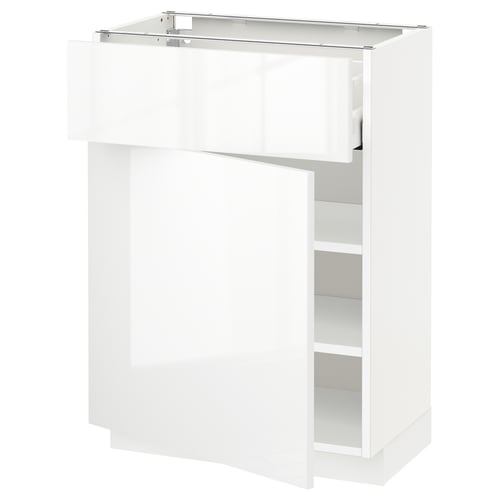 White high-gloss ikea METOD kitchen cabinet with glass door.