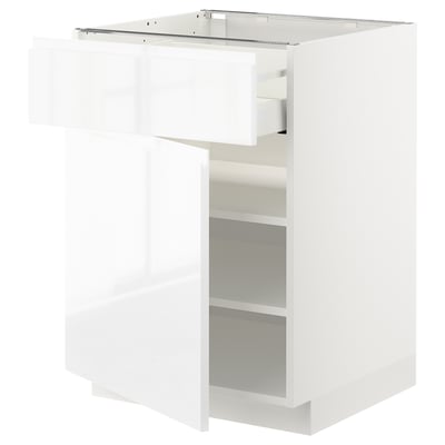 White kitchen cabinet: METOD series, glossy finish, three shelves, one drawer.