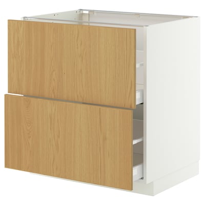 White and wood kitchen cabinet with two drawers and a shelf base, offering sturdy storage.