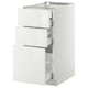White gloss kitchen cabinet with three open drawers, sleek modern design.