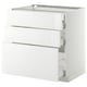 A white METOD kitchen cabinet with three drawers. The cabinet a high gloss finish and sleek design. The drawers are self-closing and run smoothly.