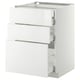 White METOD kitchen cabinet with three open drawers, modern design.