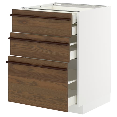 Modern kitchen unit: METOD with dark brown ash veneer drawers and white base, featuring multiple pull-out drawers.