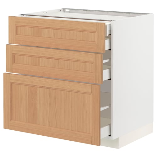White ikea METOD kitchen cabinet with 3 oak drawers, sleek handles, minimalist design.