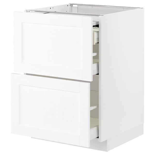 A white ikea METOD kitchen cabinet with a classic wood grain design. It has two drawers and a door, and is set against a white background.