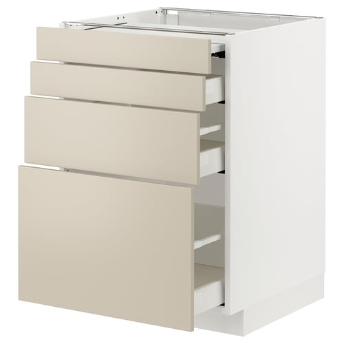 A white METOD kitchen cabinet with beige havstorp drawer fronts in a rectangular shape and smooth design, featuring four full-extension drawers.