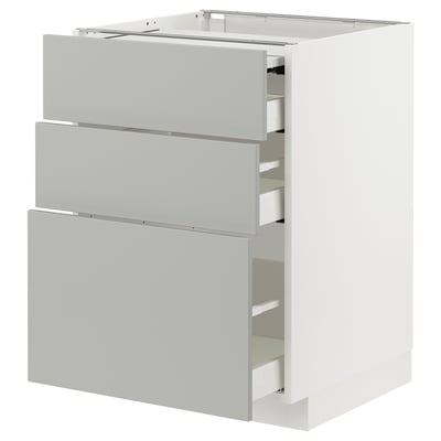 Modern white ikea METOD kitchen unit with three grey drawers and sleek handles.