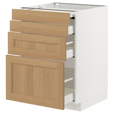 White METOD kitchen cabinet with oak drawers, four visible, including a large pull-out workspace.