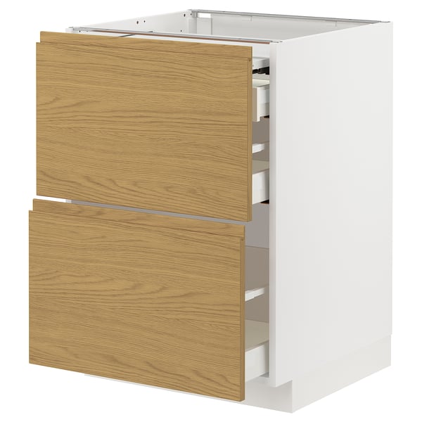 Modern wood drawer cabinet, white, with oak finish, minimalist design, two drawers.