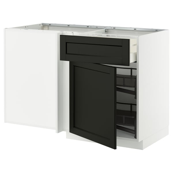 METOD / MAXIMERA Corner base cab w drawer and p-out, white/Lerhyttan black stained, 128x68x80 cm