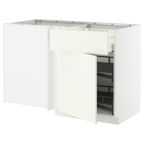 METOD / MAXIMERA Corner base cab w drawer and p-out, white/Vallstena white, 128x68x80 cm