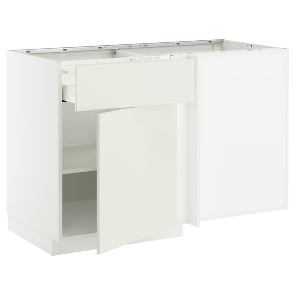 A white METOD kitchen unit with a modern design, featuring a base cabinet and shelves.