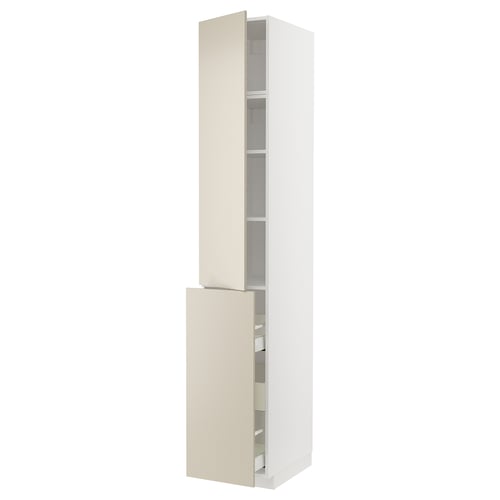 A tall white ikea METOD kitchen cabinet with beige doors, featuring a clean minimalist design.