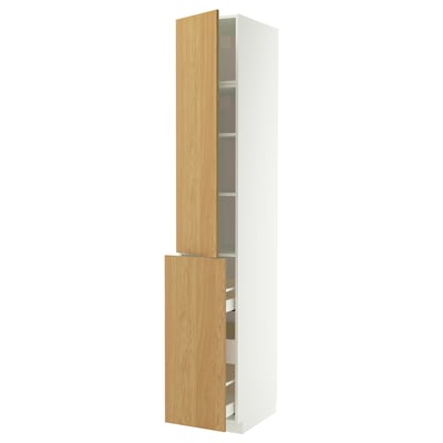 A METOD tall cabinet in white with wooden doors, including two pull-out sections and adjustable shelves.