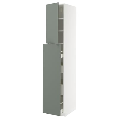 Modern METOD kitchen cabinet in grey-green with adjustable shelves. Tall, rectangular, and sleek design.
