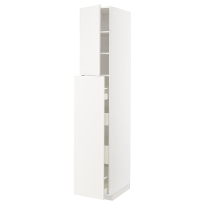 White METOD kitchen cabinet, tall with open door showing shelves.