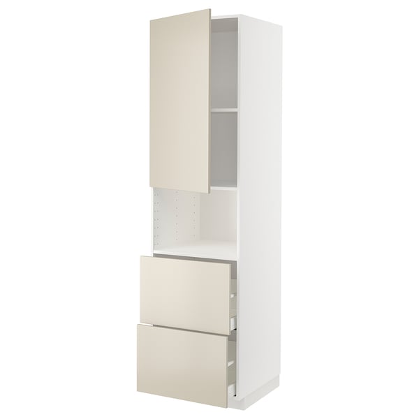 METOD / MAXIMERA Hi cab f micro w door/2 drawers, white/Havstorp beige, 60x60x220 cm