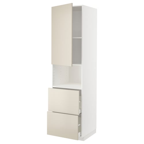 Modern white kitchen cabinet with beige drawers and door, tall and sleek.