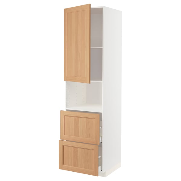 METOD / MAXIMERA Hi cab f micro w door/2 drawers, white/Vedhamn oak, 60x60x220 cm