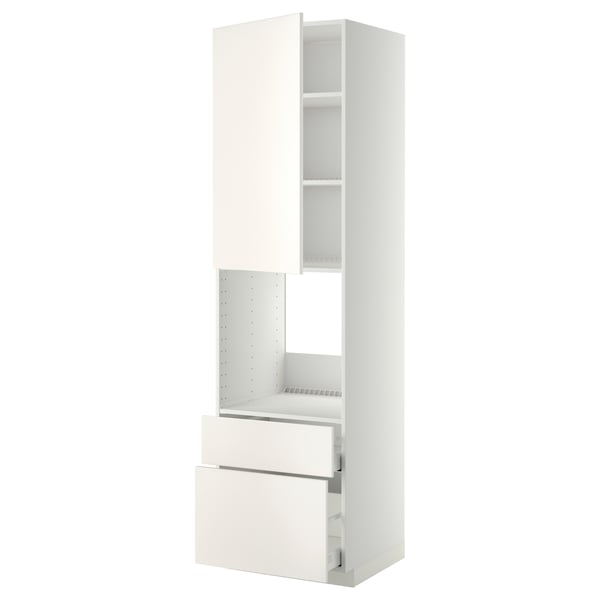 White METOD kitchen cabinet with veddinge design, tall, adjustable shelves, and integrated drawers.