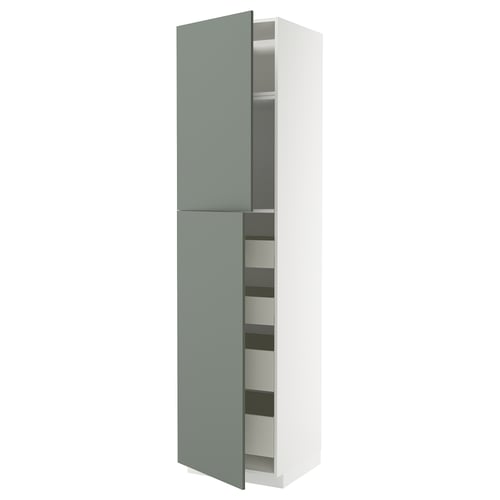 A tall, narrow, white cabinet with a light blue door opened partially. It includes shelves behind the door.