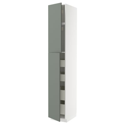 Modern green-gray kitchen cabinet, tall with open section, sleek design.