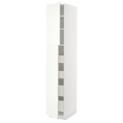 A white METOD kitchen cabinet with glass doors, vertically placed. It sleek, modern storage with a minimalist design.