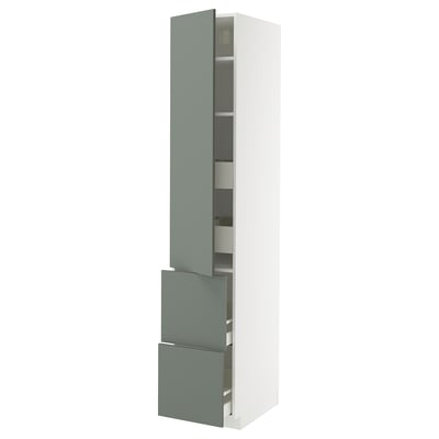 A tall METOD kitchen cabinet with grey-green nickebo fronts, featuring adjustable shelves and a sleek design.