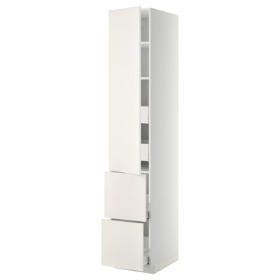 White METOD kitchen cabinet with drawers and shelves.