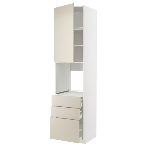 White METOD kitchen cabinet with beige drawers, combining open & closed storage, sleek design.