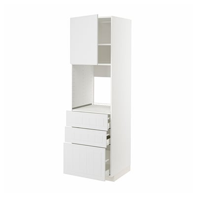 White METOD storage unit, tall with mix of closed doors & open shelves, made of engineered wood.