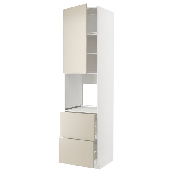 METOD kitchen unit, beige, tall, rectangular, sleek design with multiple compartments, open and closed drawers.