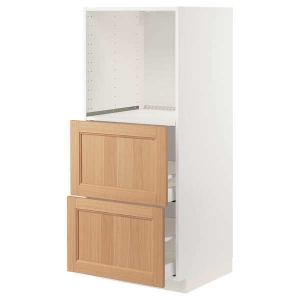 METOD / MAXIMERA High cabinet w 2 drawers for oven, white/Vedhamn oak, 60x60x140 cm