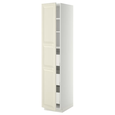 Off-white tall cabinet from ikea METOD series, with two doors and adjustable shelves.
