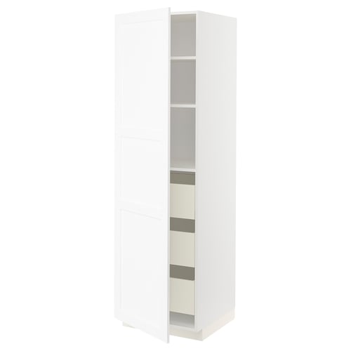 A white METOD kitchen cabinet with adjustable shelves. It a sleek, modern design with a slightly textured finish.