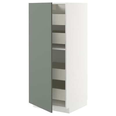 Ikea METOD modern grey-green cabinet with silver drawers and white frame.