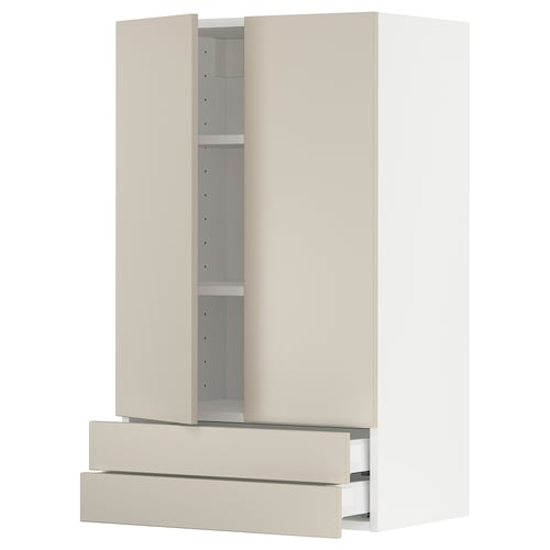 Modern beige kitchen cabinet, tall with two drawers at bottom, smooth finish.