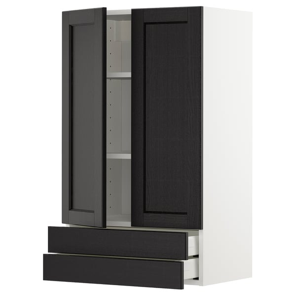 METOD / MAXIMERA Wall cabinet w 2 doors/2 drawers, white/Lerhyttan black stained, 60x37x100 cm