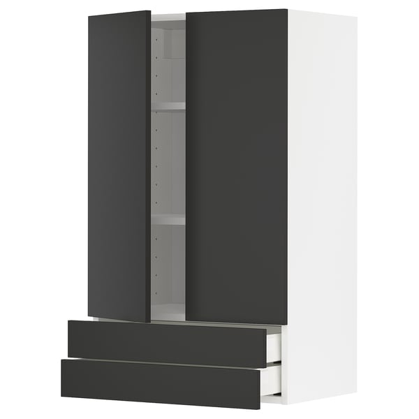 METOD / MAXIMERA Wall cabinet w 2 doors/2 drawers, white/Nickebo matt anthracite, 60x37x100 cm