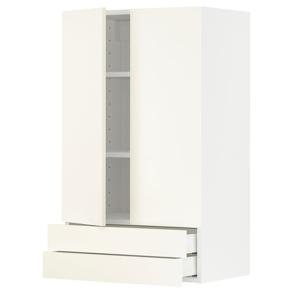 METOD / MAXIMERA Wall cabinet w 2 doors/2 drawers, white/Vallstena white, 60x37x100 cm