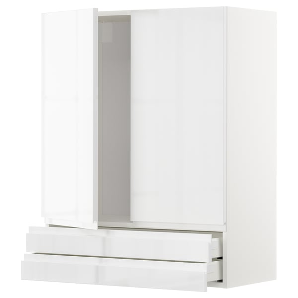 METOD / MAXIMERA Wall cabinet w 2 doors/2 drawers, white/Voxtorp high-gloss/white, 80x37x100 cm