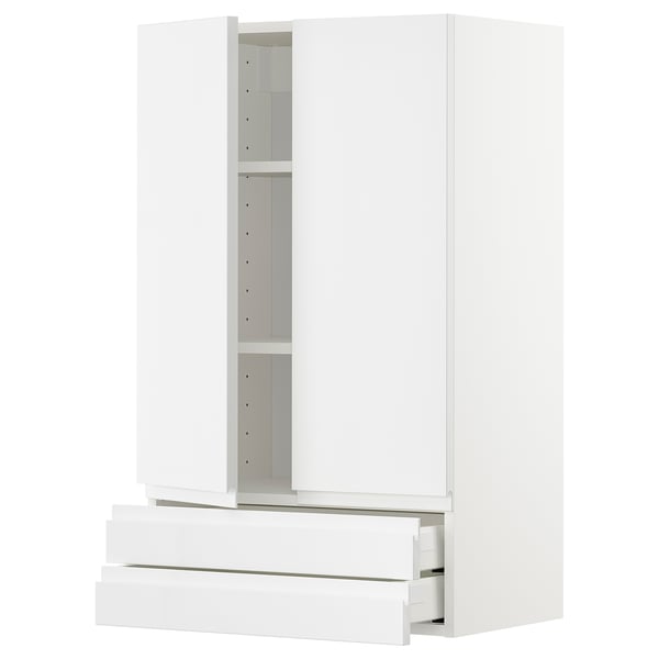 METOD / MAXIMERA Wall cabinet w 2 doors/2 drawers, white/Voxtorp high-gloss/white, 60x37x100 cm