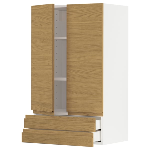 METOD / MAXIMERA Wall cabinet w 2 doors/2 drawers, white/Voxtorp oak effect, 60x37x100 cm