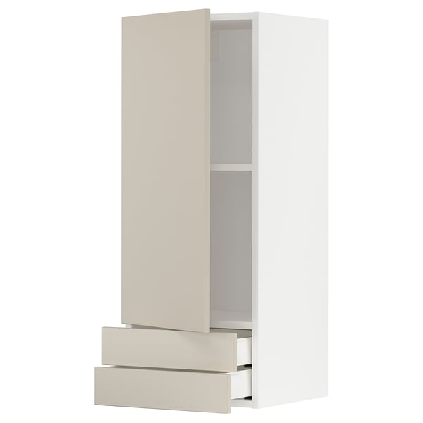 An ikea METOD kitchen cabinet in beige with a smooth design. It includes two drawers and a tall storage space.