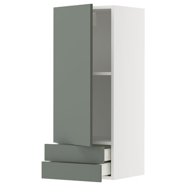 White METOD kitchen cabinet with grey-green drawers and shelves.