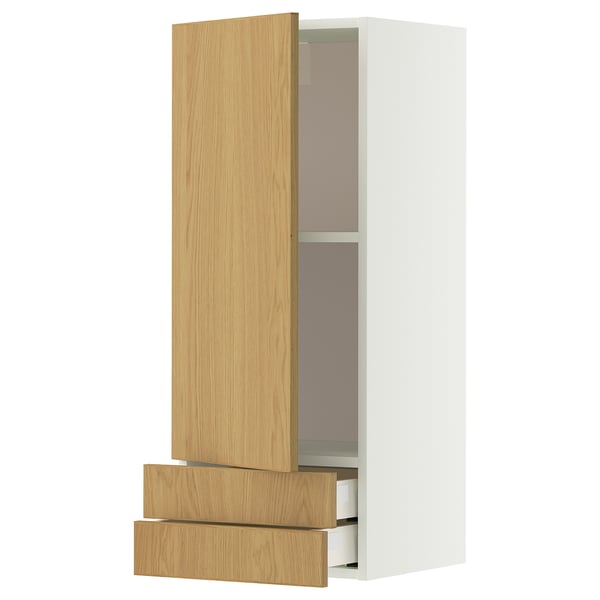 METOD kitchen cabinet with oak drawer, white, rectangular.