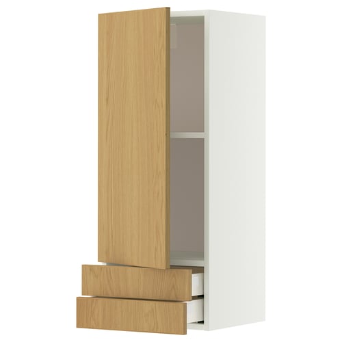 METOD kitchen cabinet with oak drawer, white, rectangular.