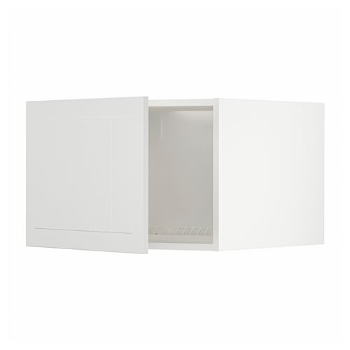 This image shows a white METOD kitchen cabinet with one door open, revealing its interior.