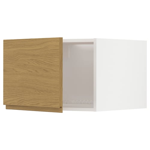 Minimalist kitchen unit in oak with white interior, square shape.